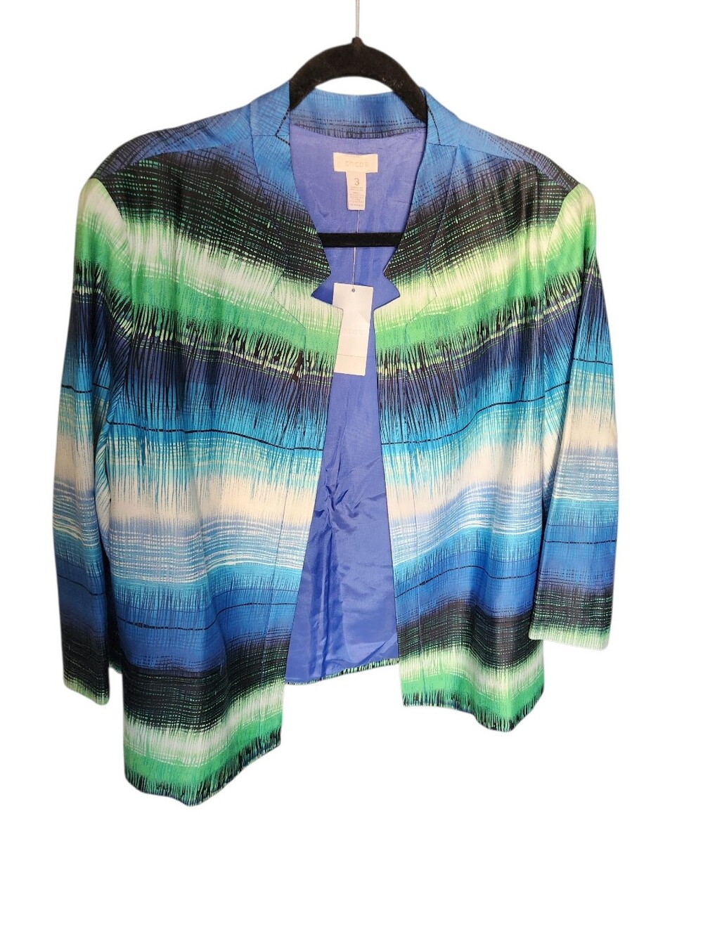 Chicos NEW Open Front Jacket Blue And Green Size 3 Or XL